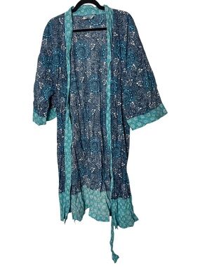 The Company Store Blockprint Pure  Kimono Robe with Belt Medium Large